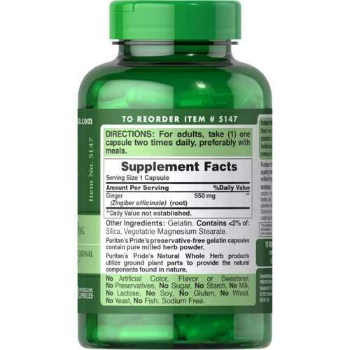 Puritan's Pride Ginger Root 550 mg Корінь імбиру 200 капсул: Форма випуску капсули