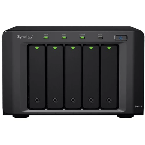 Сетевой накопитель (NAS) Synology DX513: Слоты для дисков 5 x 3,5" SATA II или 5 x 2,5" SATA/SSD (max 5 x 4 ТB)