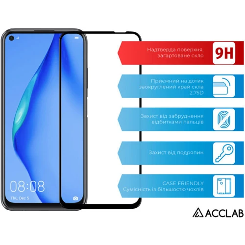 Аксессуар для смартфона ACCLAB Tempered Glass Full Glue Black for Huawei P40 Lite: Материал стекло