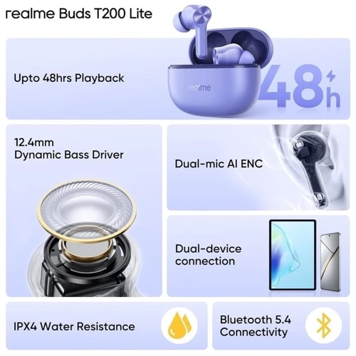 Наушники Realme Buds T200 Lite Aurora Purple: Время работы, ч 7