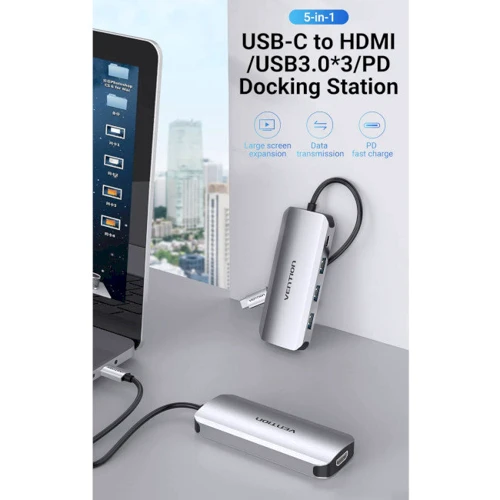Адаптер Vention Adapter USB-C to HDMI+3xUSB3.0+USB-C PD 100W (THFHB) фото 4