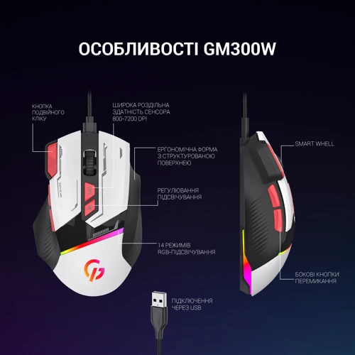 Мышь GamePro GM300 White: Максимальное разрешение сенсора, dpi 7200