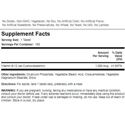 Piping Rock Vitamin B-12 1000 mcg 180 tabs Витамин В-12: Тип Витамин B