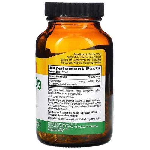 Country Life Vitamin D3 1000 IU Вітамін D3 100 капсул: Тип Витамин D