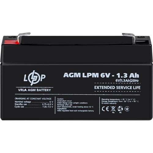 Аккумуляторная батарея LogicPower LPM 6V 1.3 Ah, AGM (4157): Тип AGM