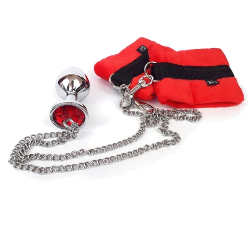 Наручники с металлической анальной пробкой Art of Sex Handcuffs with Metal Anal Plug size M Red