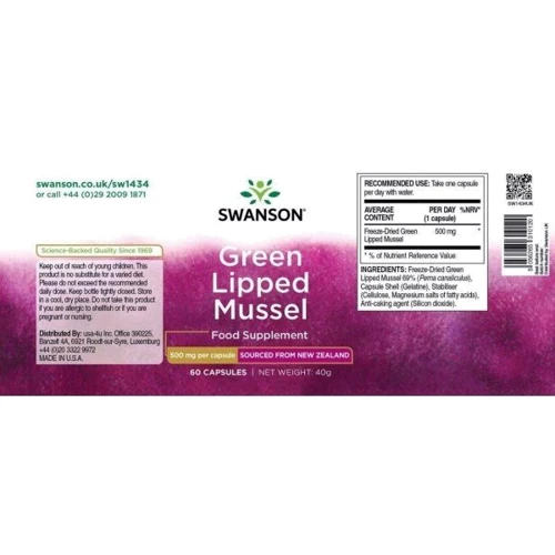 Swanson Green Lipped Mussel 500 mg Зеленые мидии 60 капсул: Тип Морская мидия