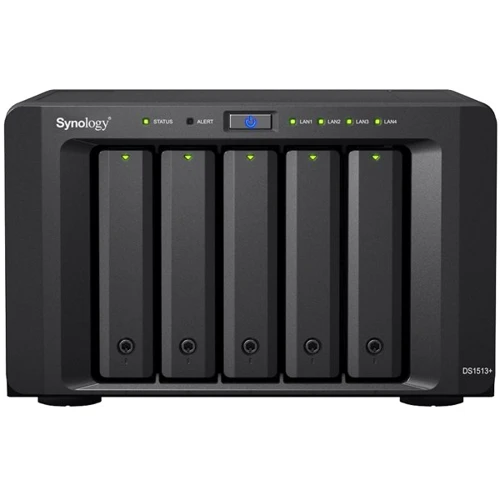 Сетевой накопитель (NAS) Synology DS1513+: Слоты для дисков 5 x 3,5" SATA II или 5 x 2,5" SATA/SSD (max 5 x 4 ТB)
