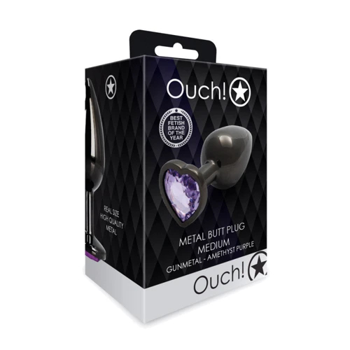 Металлическая анальная пробка Ouch! Heart Gem Gunmetal - Amethyst Purple, М