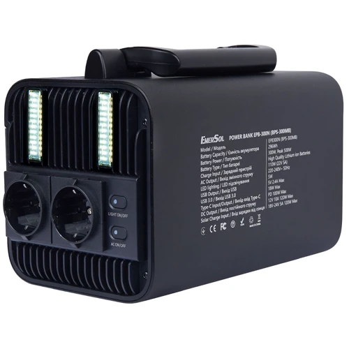 Зарядная станция EnerSol 296Wh 300W (EPB-300N): Разъемы для подзарядки DC-разъем, Зарядка от солнечной панели, Зарядка от сети, Зарядка от автомобиля