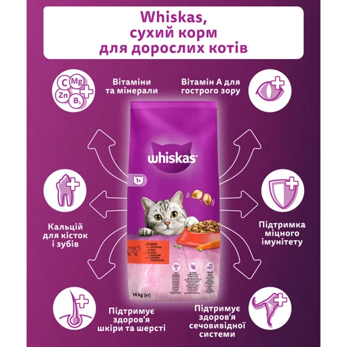 Сухой корм для взрослых кошек Whiskas с говядиной 14кг (5900951014345): Возраст Взрослые