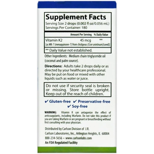 Carlson Labs Super Daily K2 45 mcg Вітамін К-2 (менахінон) рідина 10.16 мл: Тип вітамін K