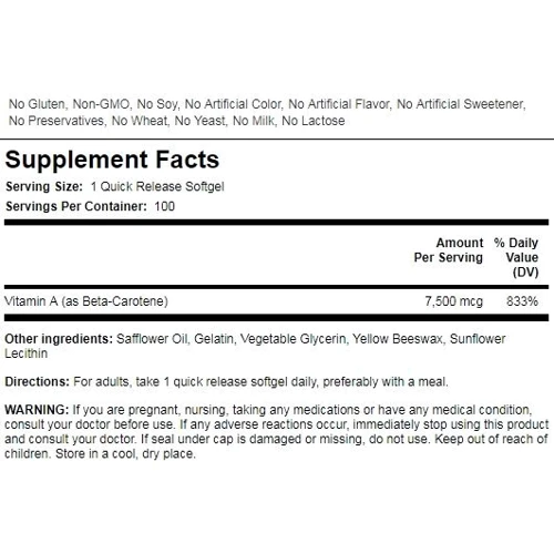 Piping Rock Beta Carotene Vitamin A 25000 100 Softgels Бета-каротин (Вітамін А): Тип вітамін A