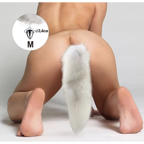 Металлическая анальная пробка с хвостом из натурального меха Art of Sex size M White fox