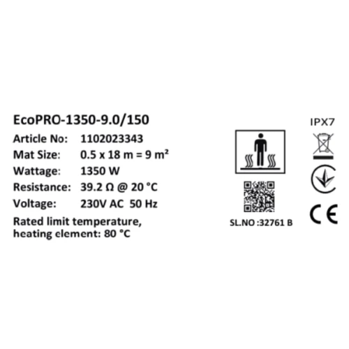 Мат нагревательный Warmstad Max EcoPRO-1350-9.0/150 W/m2: Площадь обогрева, кв.м 9