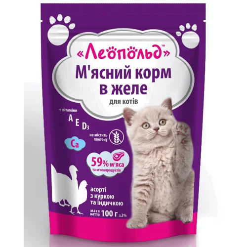 Влажный корм для кошек Леопольд Мясной корм Ассорти с курицей и индюшкой в желе 100 г х 24 шт. (4820185491686-24)