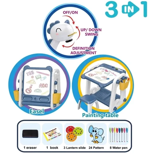 Столик для творчества с проектором 3в1: стульчик, звук, маркеры, губка, диски, синий (YM 59)