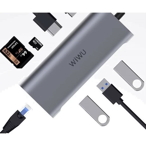 Адаптер WIWU Adapter Alpha 831HRT USB-C to 3xUSB3.0+HDMI+RJ45+USB-C+SD+TF Card Grey (6957815507252): Цвет серый
