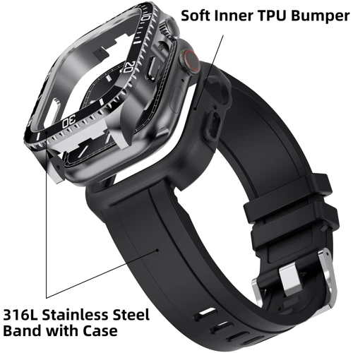 Аксесуар для Watch Rubber TPU Strap with Stainless Stell Case Black/Silver (FLS181108) для Apple Watch 44/45/49mm Ultra: Тип аксесуара ремешок