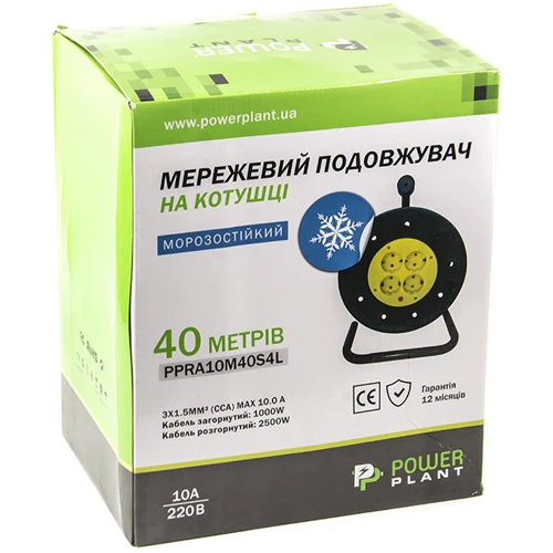 Подовжувач PowerPlant 40м 3x1.5мм 4 розетки морозостійкий (JY-2002/40): Номінальний струм, А 10