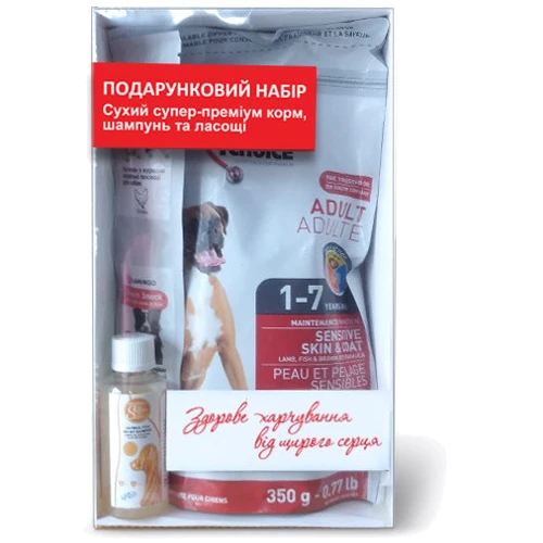 Корм для собак 1st Choice Adult Sensitive Lamb&Fish средних и крупных пород с ягненком и рыбой + шампунь + лакомства набор 350 г