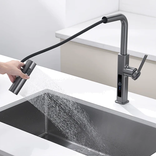 Смеситель для кухни Lefton Waterfall & Pull-Out Kitchen Faucet with Temperature Display-KF2209 Grey фото 12