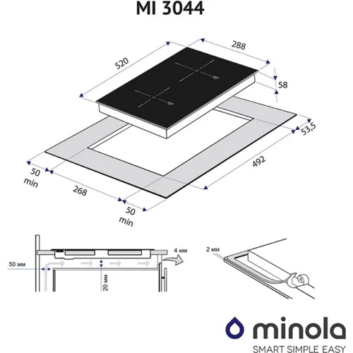 Варочная поверхность электрическая Minola MI 3044 GOLD: Размеры для встраивания 5.8x26.8х49.2 см