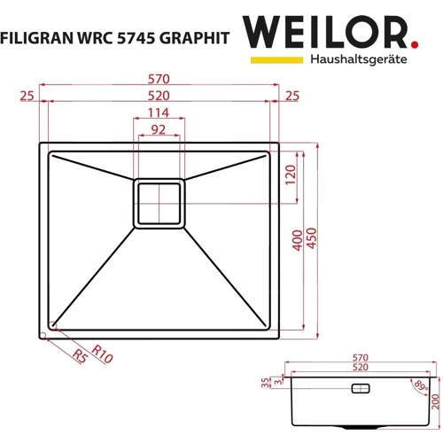 Weilor FILIGRAN WRC 5745 GRAPHIT: Габарити чаші (ШxГxВ), см 52/40/20