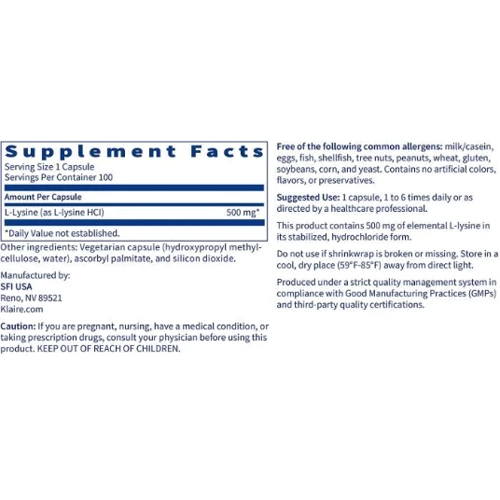 Klaire Labs L-Lysine L-лизин 500 мг 100 капсул: Тип Лизин