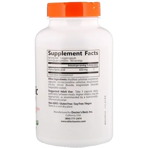 Doctor's Best Best Alpha-Lipoic Acid 600 mg 180 Veggie Caps Альфа-ліпоєва кислота: Тип Альфа-ліпоєва кислота