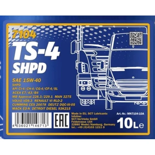 Моторное масло Mannol Truck SP SHPD TS-4 SHPD SAE 15W-40 Extra 10л (MN7104-10): Тип Минеральное