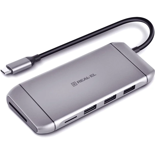 Адаптер REAL-EL Adapter USB-C to HDMI + USB-C + VGA + 3xUSB + RJ45 Space Grey (EL123110003): Колір сірий