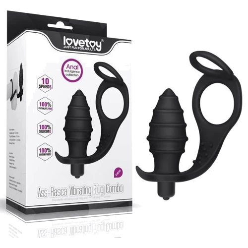 Анальная пробка с эрекционным кольцом и вибрацией LoveToy Ass Rasca Prostate Plug Combo Vibrating Black