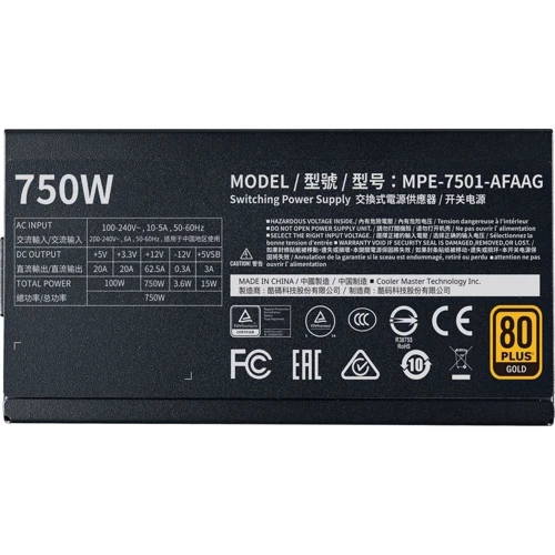 Блок живлення Cooler Master MWE Gold 750W V2 FM (MPE-7501-AFAAG-EU): ККД,% 90