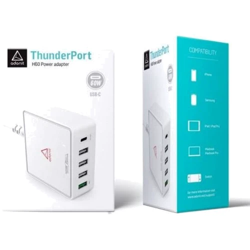 Зарядное устройство Adonit Wall Charger ThunderPort 4xUSB and USB-C H60 60W White: Кабель в комплекте microUSB