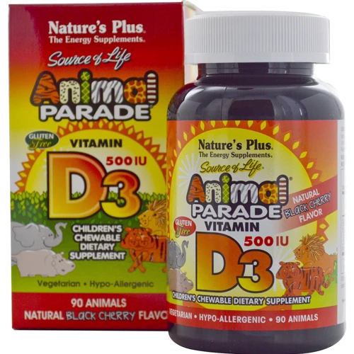 Natures Plus Animal Parade Vitamin D3 90 chewables Вітамін D3 для дітей, смак чорної вишні