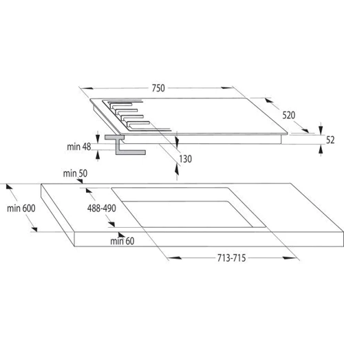 Варочная поверхность Gorenje GTW7C51B: Размеры для встраивания 10х71.5х49 см