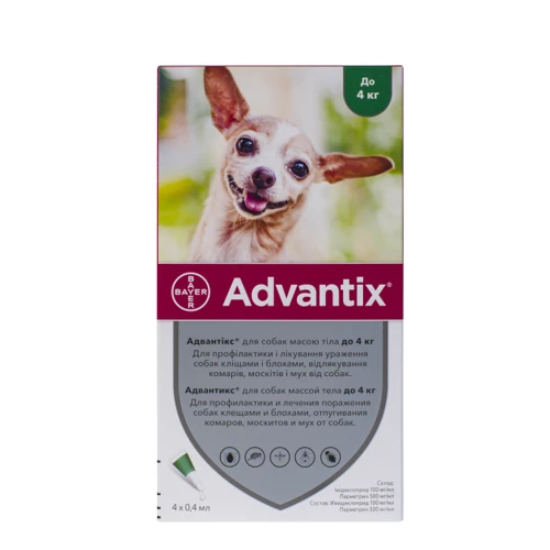 Капли Bayer/Elanco Advantix для собак до 4 кг от заражений экто паразитами 4 пипетки/1 уп. (4007221047223): Тип Капли