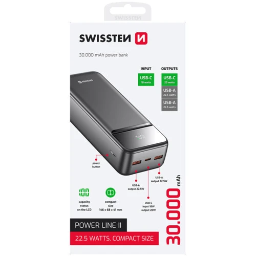 Внешний аккумулятор Swissten Power Bank 30000mAh Power Line II 22.5W Black