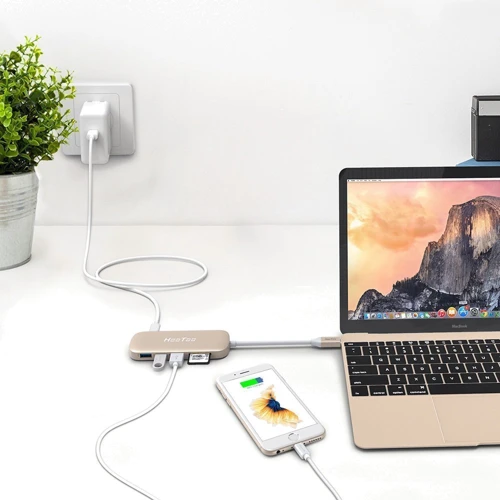 Адаптер HooToo Shuttle USB-C to USB-C+HDMI+3xUSB 3.0+SD Hub Gold (HT-UC001-GD) фото 5