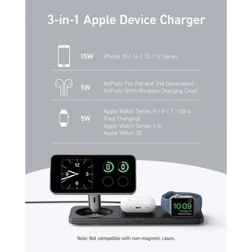 Зарядное устройство ANKER Wireless Charger MagSafe 3in1 Pad 15W with USB-C Cable Black (B25M1311) for iPhone 16 I 15 I 14 I 13 I 12 series, Apple Watch and Apple AirPods фото 9