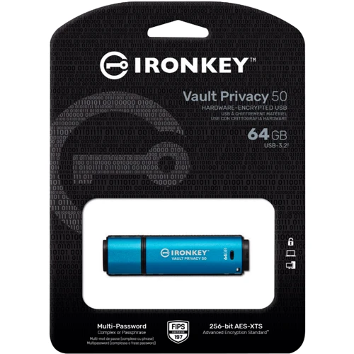 USB-флешка Kingston 64GB IronKey Vault Privacy 50 Blue USB 3.2 (IKVP50/64GB): Максимальная скорость записи, МБ/с 180
