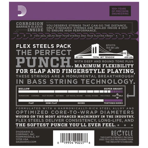Струна для гитар Струны D`ADDARIO EFX170 XL FLEX STEELS LIGHT 45-100: Назначение Для бас-гитары