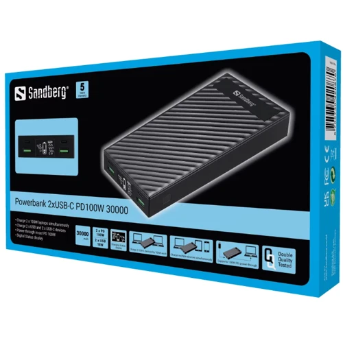 Внешний аккумулятор Sandberg Power Bank 30000mAh UPS Mode PD 100W Black (420-87): Встроенный кабель нет