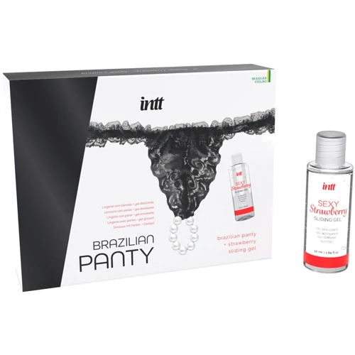 Трусики с жемчужным кольцом и клубничным лубрикантом Intt Brazilian Panty Black