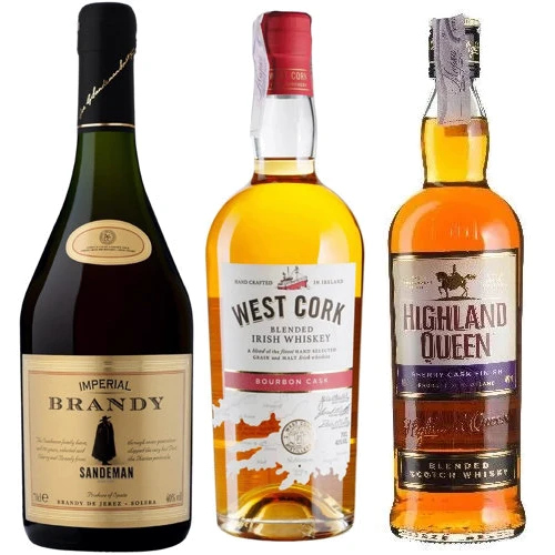 Набор Бренди Sandeman Imperial 0.7 л (BW3903), Виски West Cork Bourbon Cask 0.7 л (BW44868), Виски Highland Queen Sherry Cask Finish 0.7 л (BW26673)