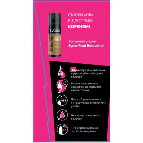 SYOSS Root Retoucher 120 ml Тонирующий спрей Русый: Назначение Тонирование
