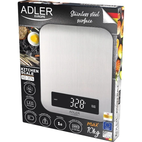 Весы кухонные Adler AD 3174: Габариты 21х16.4х1.3 см