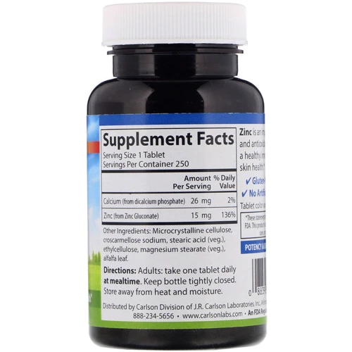 Carlson Labs Zinc, 15 mg, 250 Tablets (CAR-05312): Тип Цинк