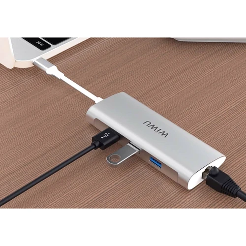 Адаптер WIWU Adapter Alpha 631STR USB-C to USB-C+3xUSB3.0+RJ45+SD+TF Card Grey : Интерфейс подключения USB-C, SD+TF Card, Ethernet, USB 3.0